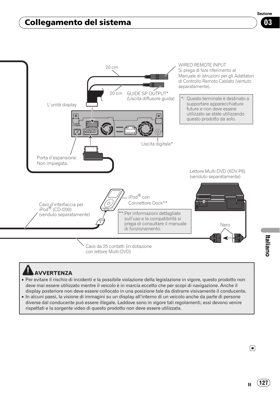 Collegamento del sistema, Italiano | Pioneer AVIC-X3-II User Manual | Page 127 / 179