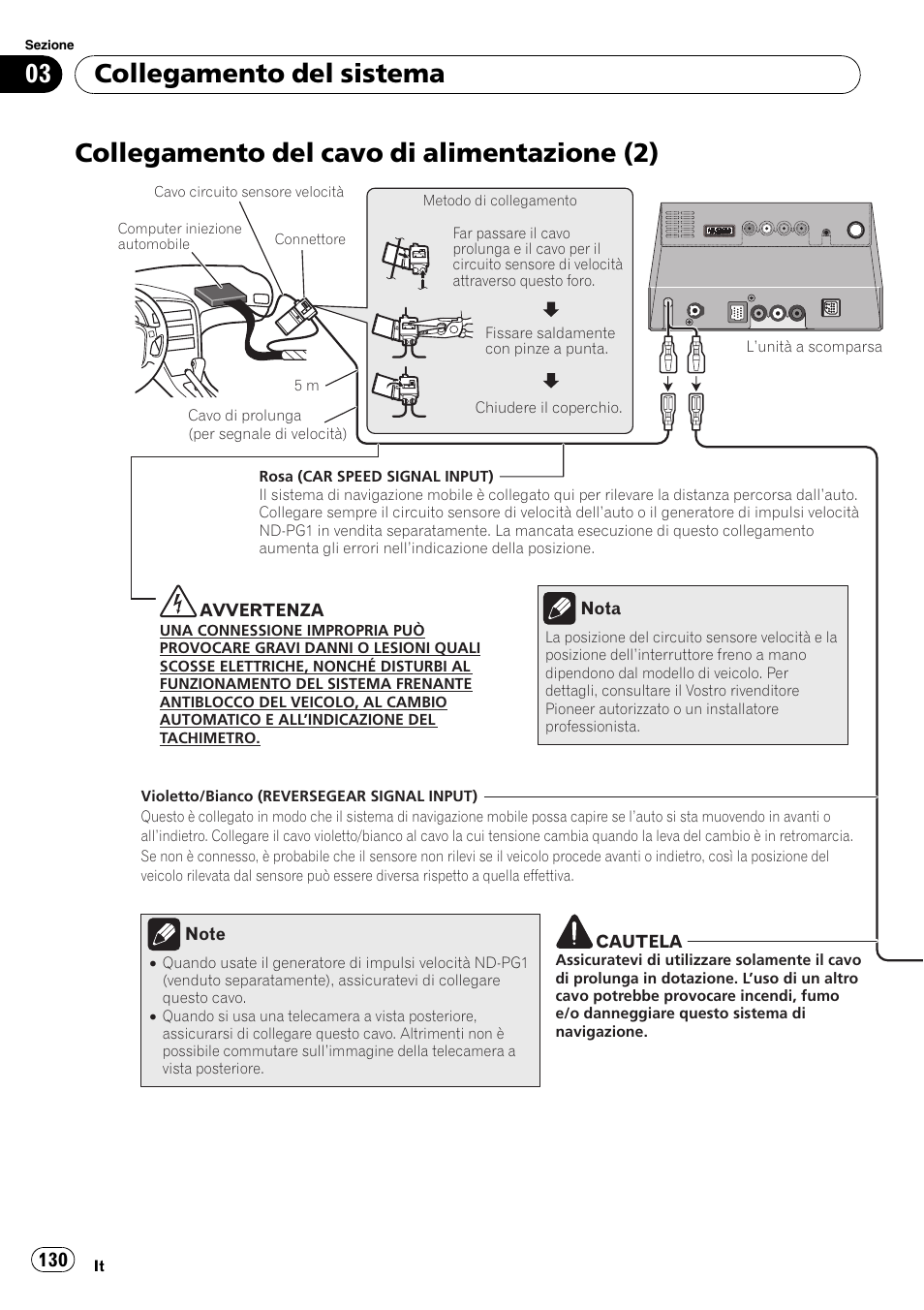 Collegamento del cavo di alimentazione, Collegamento del cavo di alimentazione (2), Collegamento del sistema | Pioneer AVIC-X3-II User Manual | Page 130 / 179
