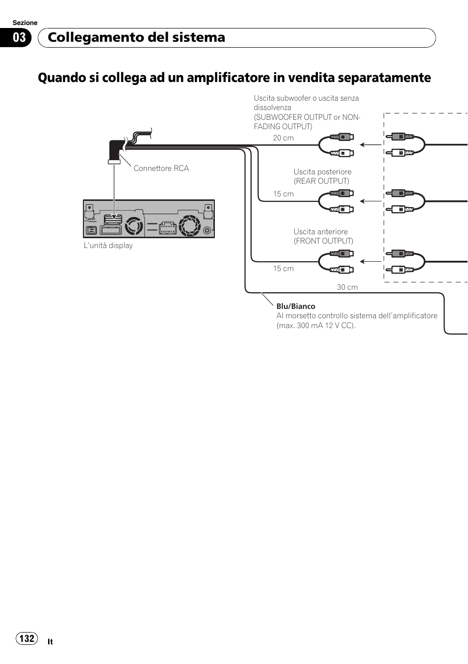 Quando si collega ad un amplificatore in, Vendita separatamente, Collegamento del sistema | Pioneer AVIC-X3-II User Manual | Page 132 / 179