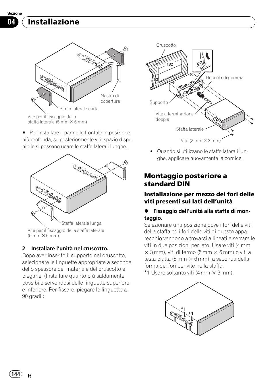 Montaggio posteriore a standard, Installazione, Montaggio posteriore a standard din | Pioneer AVIC-X3-II User Manual | Page 144 / 179