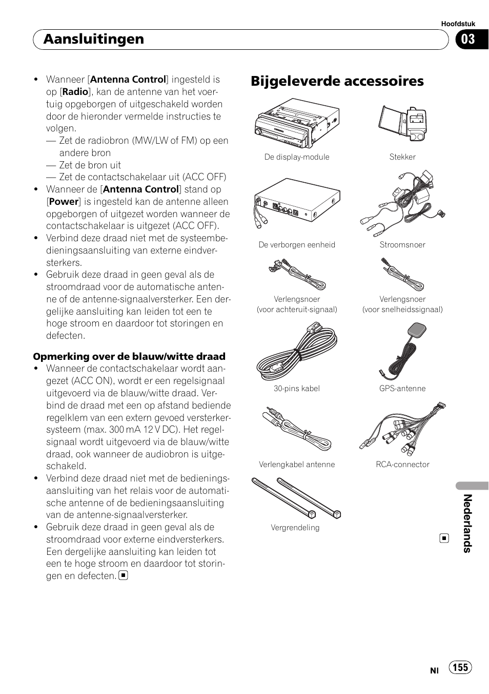 Bijgeleverde accessoires, Aansluitingen | Pioneer AVIC-X3-II User Manual | Page 155 / 179