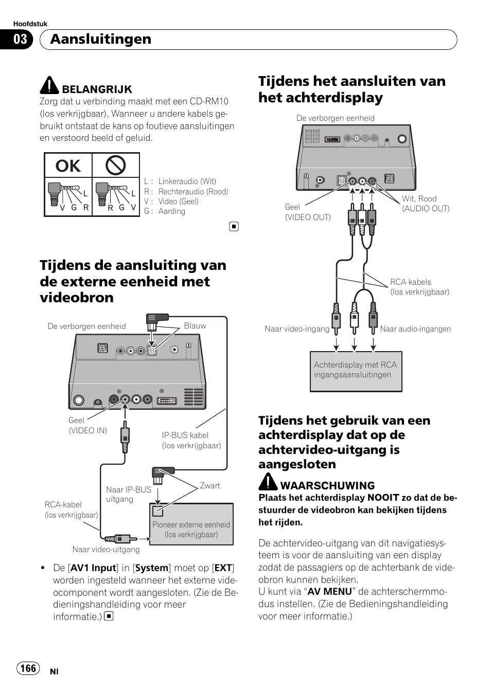 Tijdens de aansluiting van de externe, Eenheid met videobron, Tijdens het aansluiten van het | Achterdisplay, Tijdens het gebruik van een, Tijdens het aansluiten van het achterdisplay, Aansluitingen | Pioneer AVIC-X3-II User Manual | Page 166 / 179