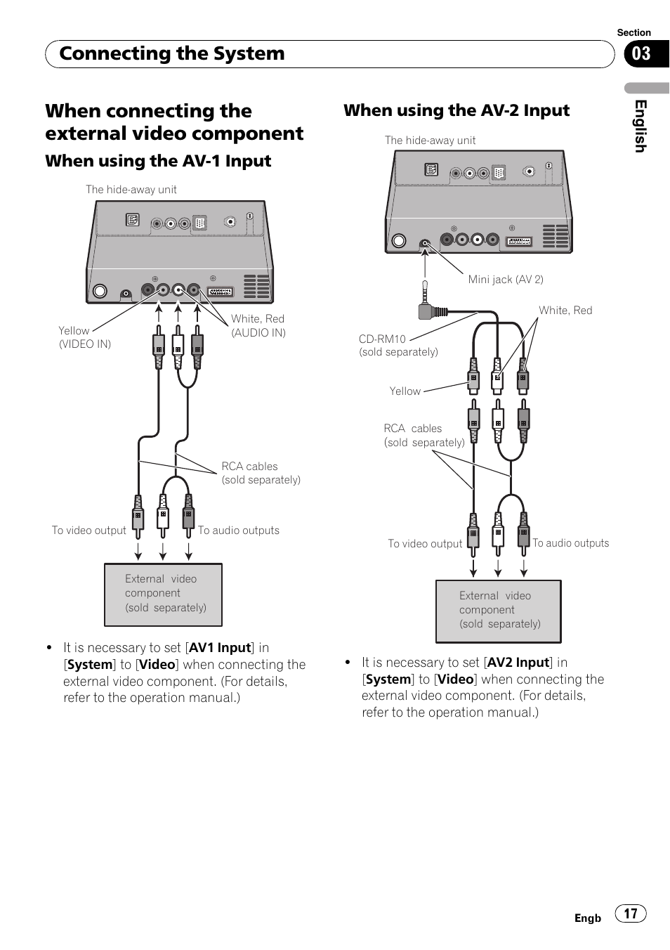 When connecting the external video, Component, When using the av-1 input 17 | When using the av-2 input 17, When connecting the external video component, Connecting the system, When using the av-1 input, When using the av-2 input | Pioneer AVIC-X3-II User Manual | Page 17 / 179