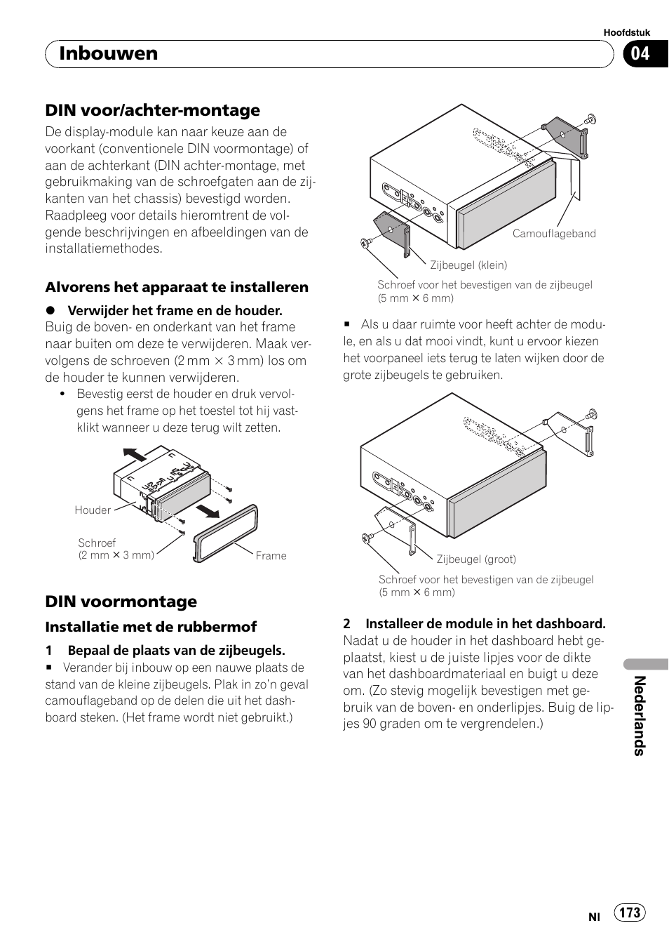 Din voor/achter-montage 173, Din voormontage 173, Inbouwen | Din voor/achter-montage, Din voormontage | Pioneer AVIC-X3-II User Manual | Page 173 / 179