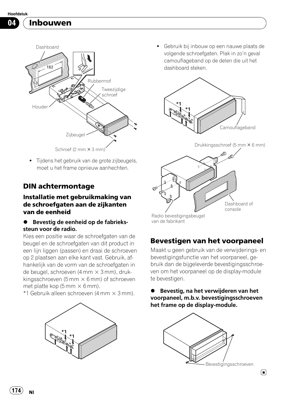 Din achtermontage 174, Bevestigen van het voorpaneel 174, Inbouwen | Din achtermontage, Bevestigen van het voorpaneel | Pioneer AVIC-X3-II User Manual | Page 174 / 179