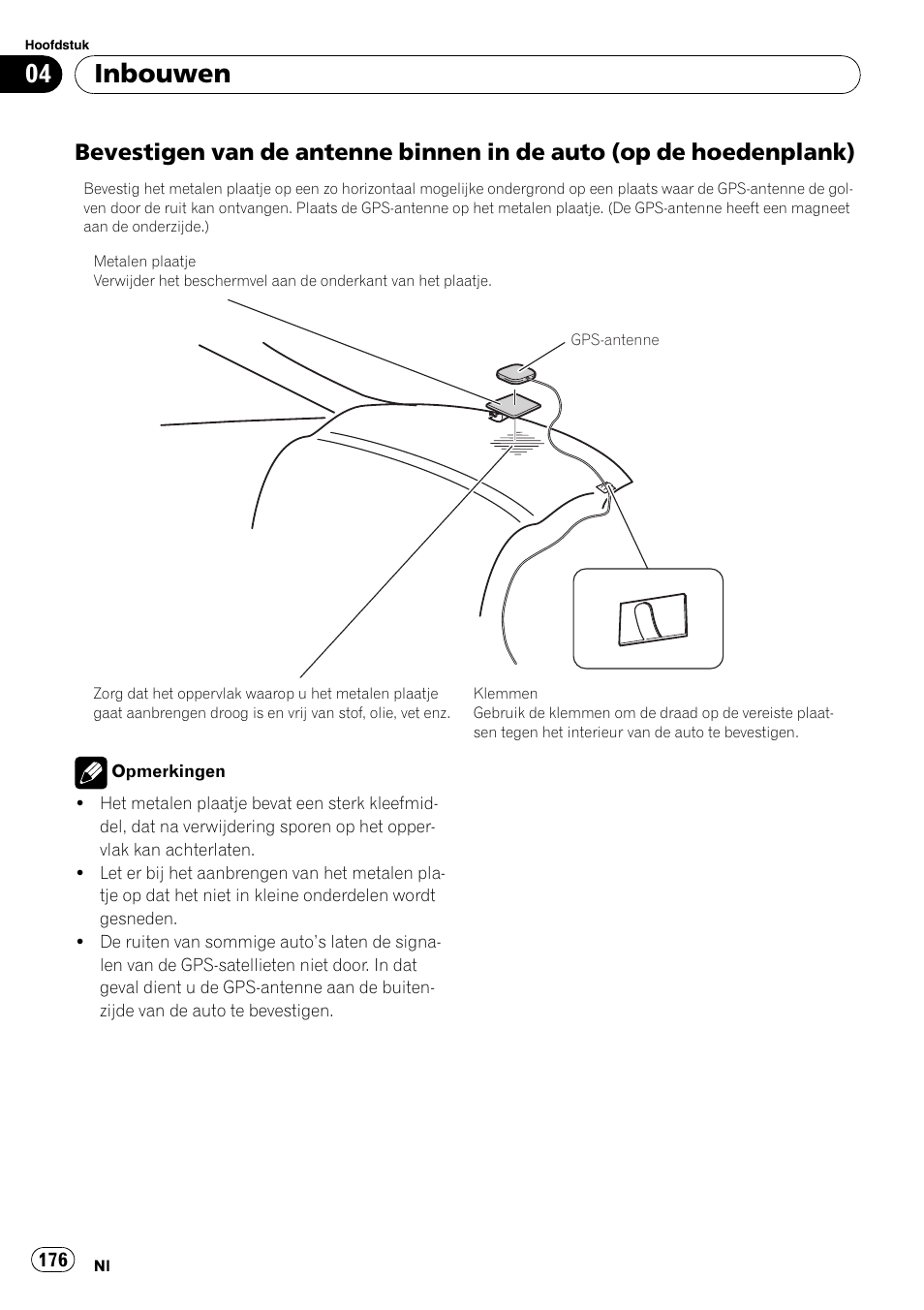 Bevestigen van de antenne binnen in, De auto (op de hoedenplank), Inbouwen | Pioneer AVIC-X3-II User Manual | Page 176 / 179