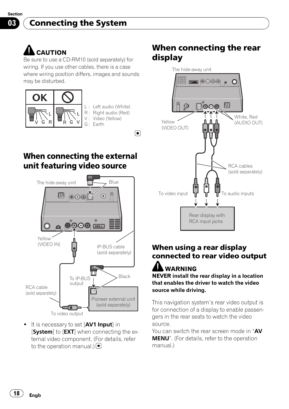 When connecting the external unit featuring, Video source, When connecting the rear display | When using a rear display connected to, Rear video output, Connecting the system | Pioneer AVIC-X3-II User Manual | Page 18 / 179