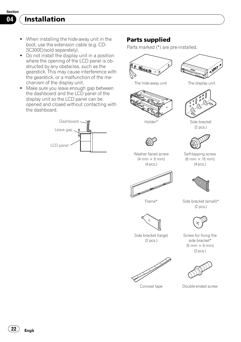 Parts supplied 22, Installation, Parts supplied | Pioneer AVIC-X3-II User Manual | Page 22 / 179