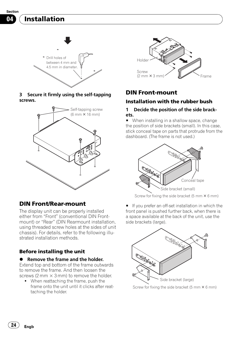 Din front/rear-mount 24, Din front-mount 24, Installation | Din front/rear-mount, Din front-mount | Pioneer AVIC-X3-II User Manual | Page 24 / 179