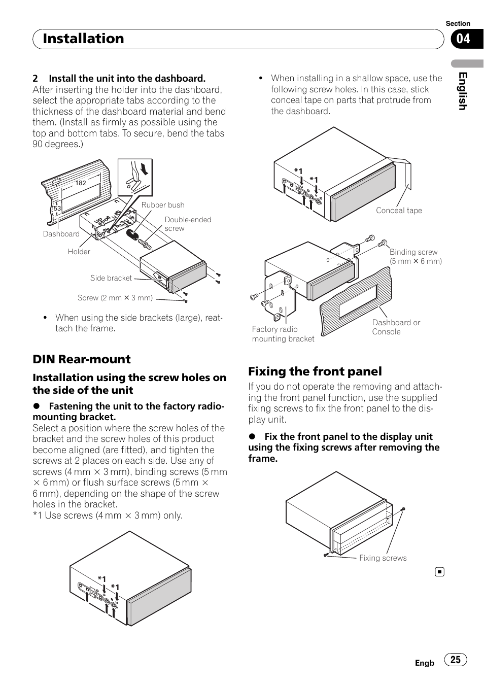 Din rear-mount 25, Fixing the front panel 25, Installation | Din rear-mount, Fixing the front panel, English | Pioneer AVIC-X3-II User Manual | Page 25 / 179