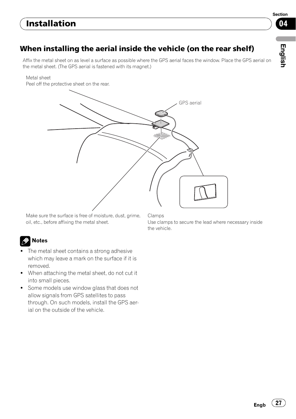 When installing the aerial inside the, Vehicle (on the rear shelf), Installation | Pioneer AVIC-X3-II User Manual | Page 27 / 179