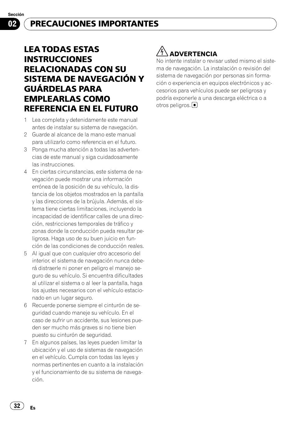Precauciones importantes | Pioneer AVIC-X3-II User Manual | Page 32 / 179