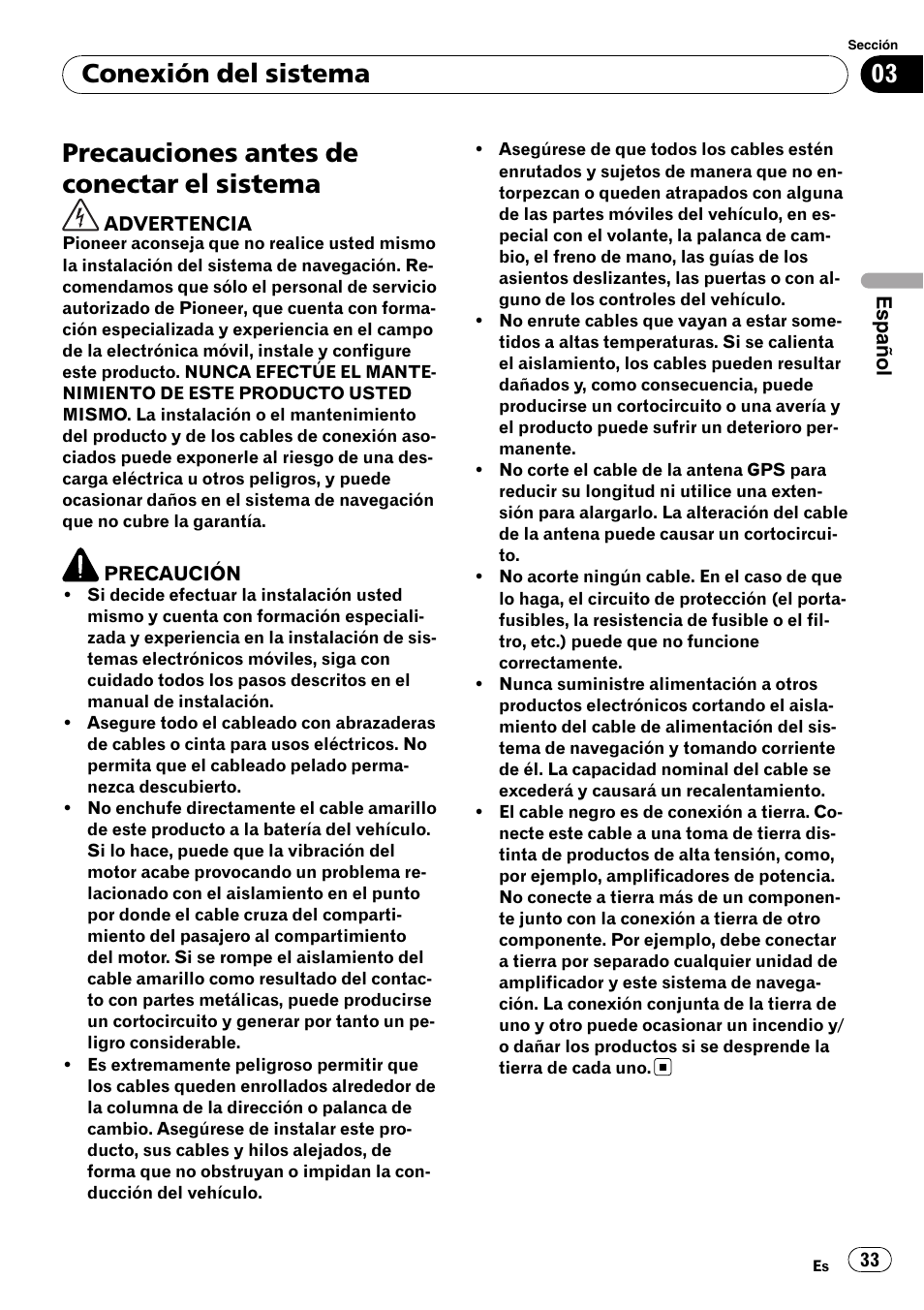 Sistema, Precauciones antes de conectar el sistema, Conexión del sistema | Pioneer AVIC-X3-II User Manual | Page 33 / 179