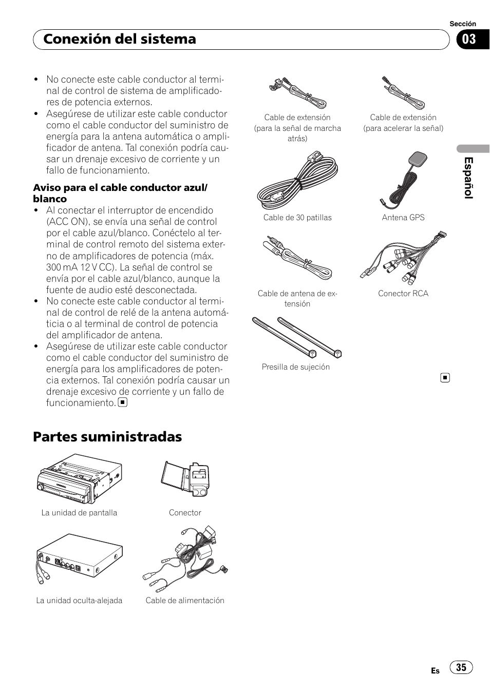 Partes suministradas, Conexión del sistema | Pioneer AVIC-X3-II User Manual | Page 35 / 179
