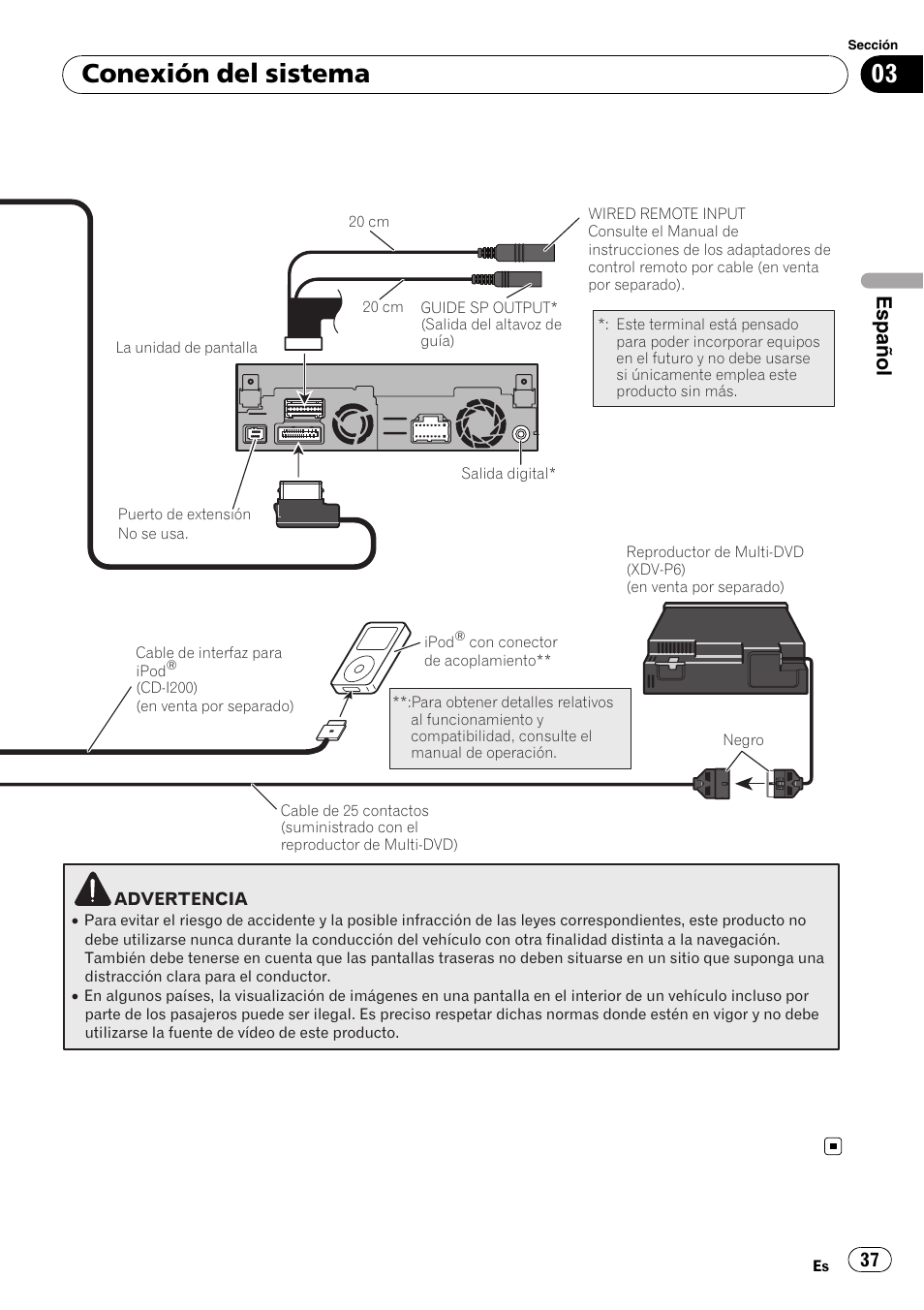 Conexión del sistema, Español | Pioneer AVIC-X3-II User Manual | Page 37 / 179