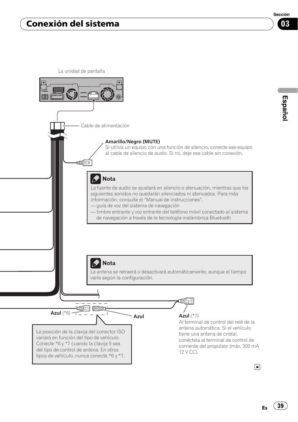 Conexión del sistema, Español | Pioneer AVIC-X3-II User Manual | Page 39 / 179