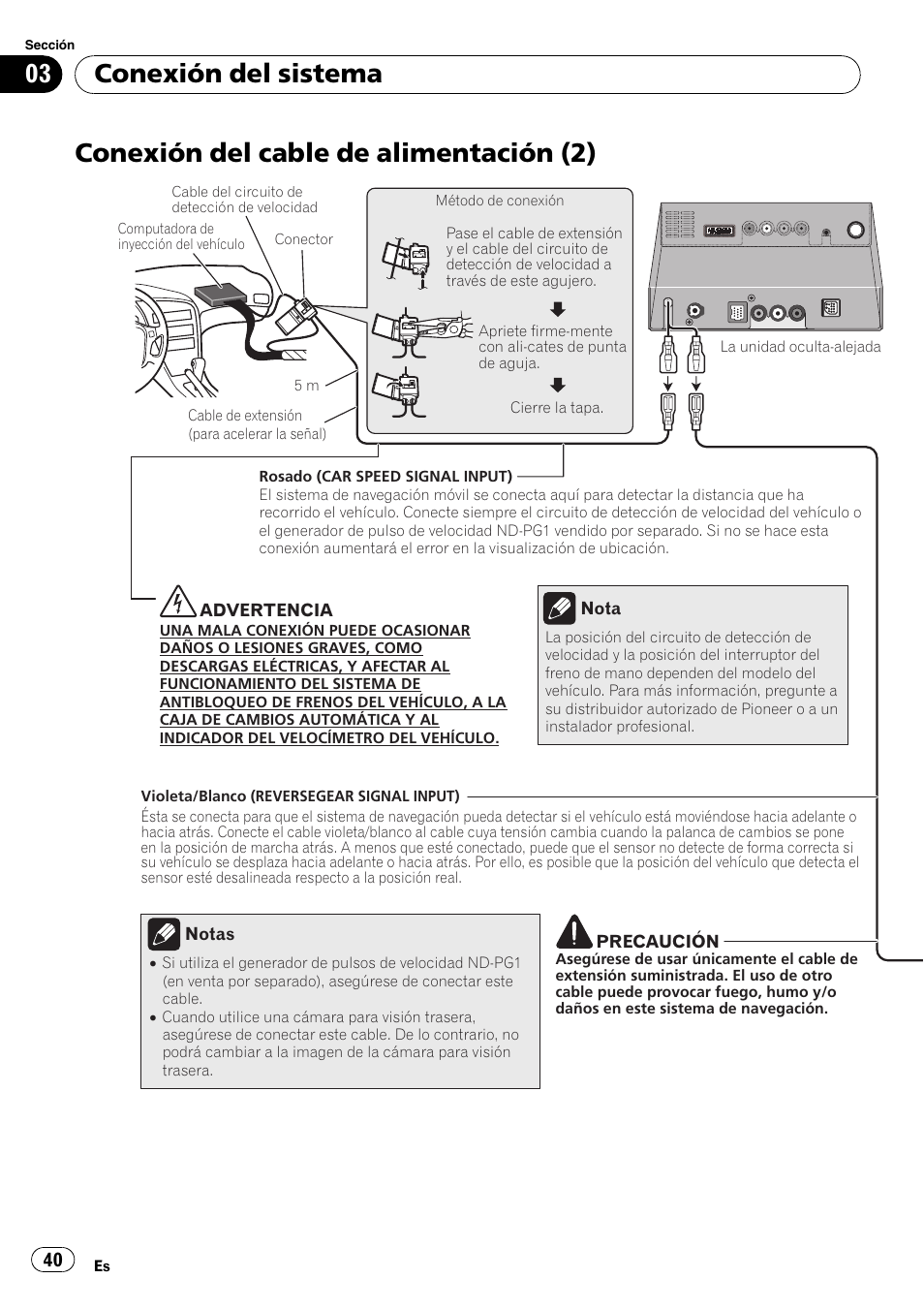 Conexión del cable de alimentación (2), Conexión del sistema | Pioneer AVIC-X3-II User Manual | Page 40 / 179