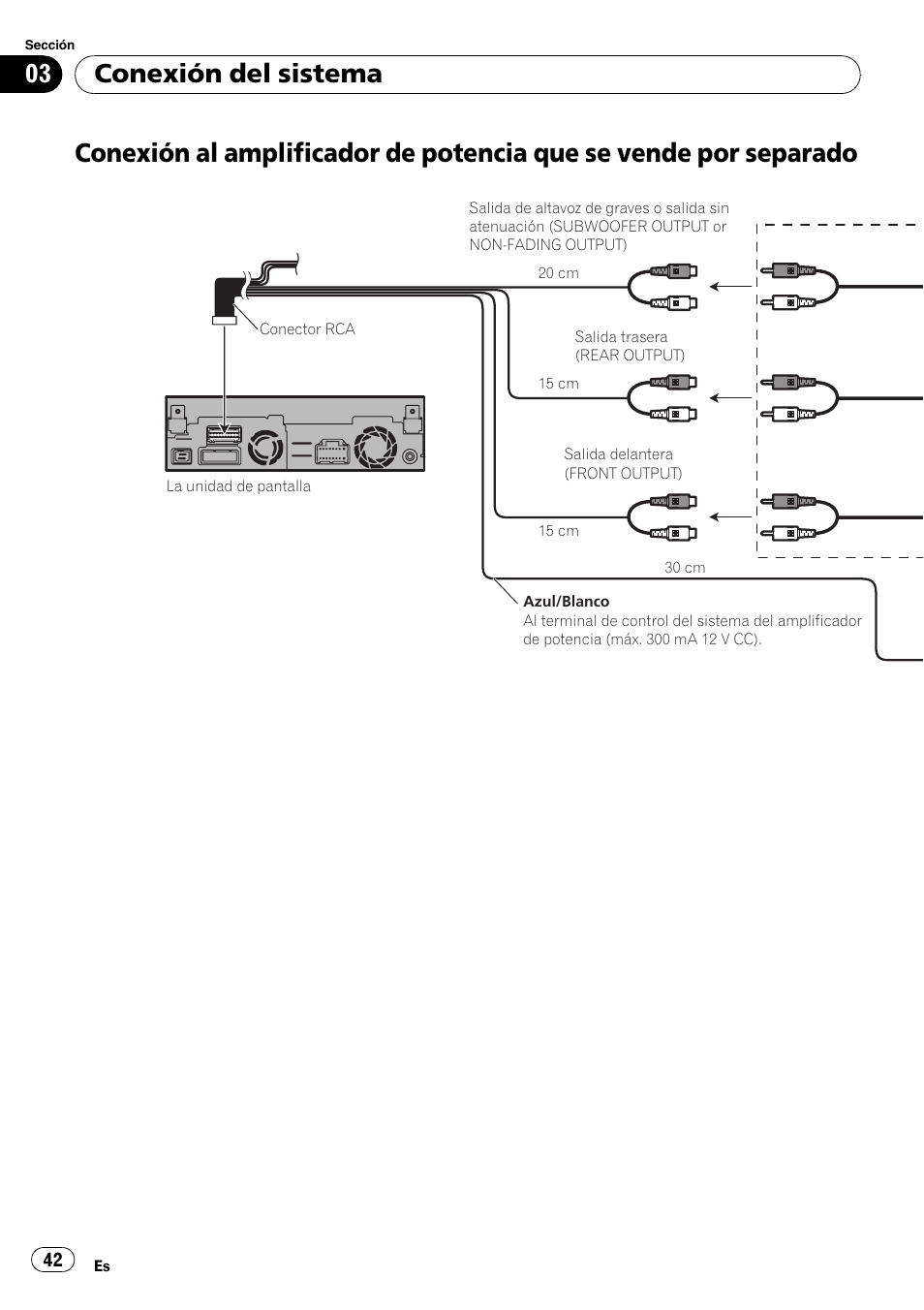 Conexión al amplificador de potencia que se, Vende por separado, Conexión del sistema | Pioneer AVIC-X3-II User Manual | Page 42 / 179