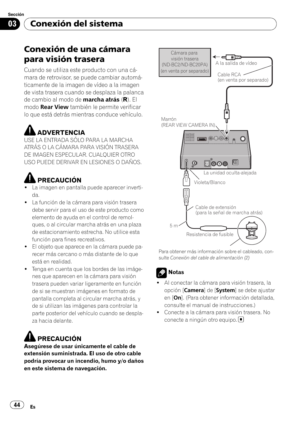 Conexión de una cámara para visión, Trasera, Conexión de una cámara para visión trasera | Conexión del sistema | Pioneer AVIC-X3-II User Manual | Page 44 / 179