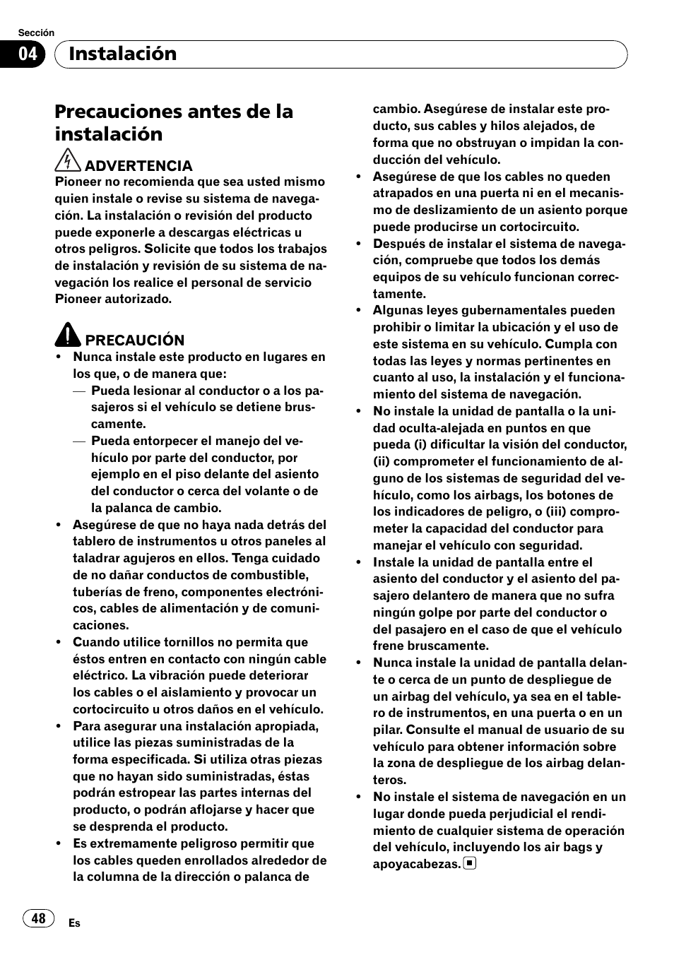 Instalación precauciones antes de la instalación, Precauciones antes de la instalación, Instalación | Pioneer AVIC-X3-II User Manual | Page 48 / 179