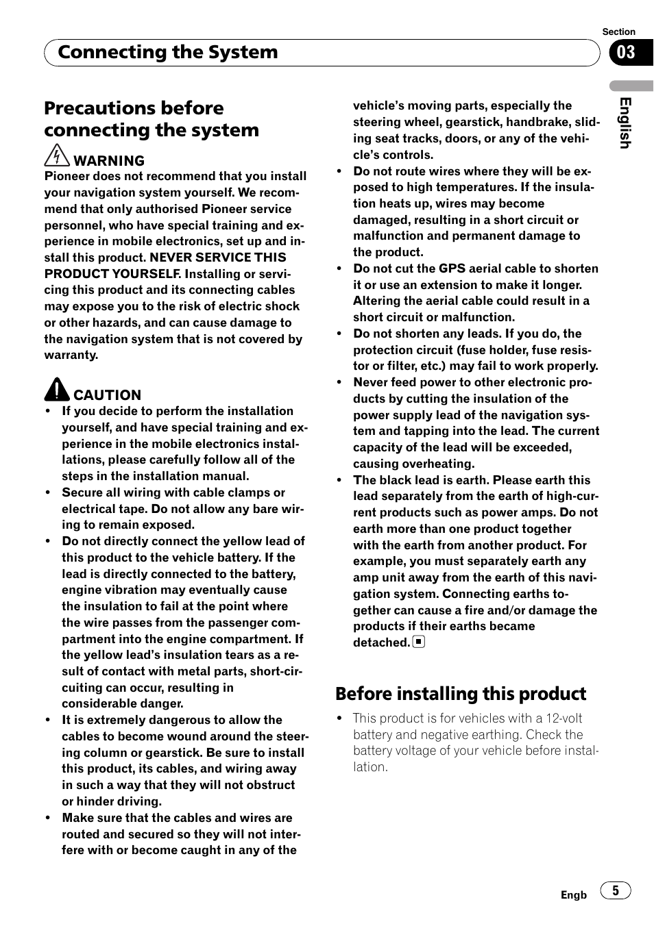 System, Before installing this product, Precautions before connecting the system | Connecting the system | Pioneer AVIC-X3-II User Manual | Page 5 / 179