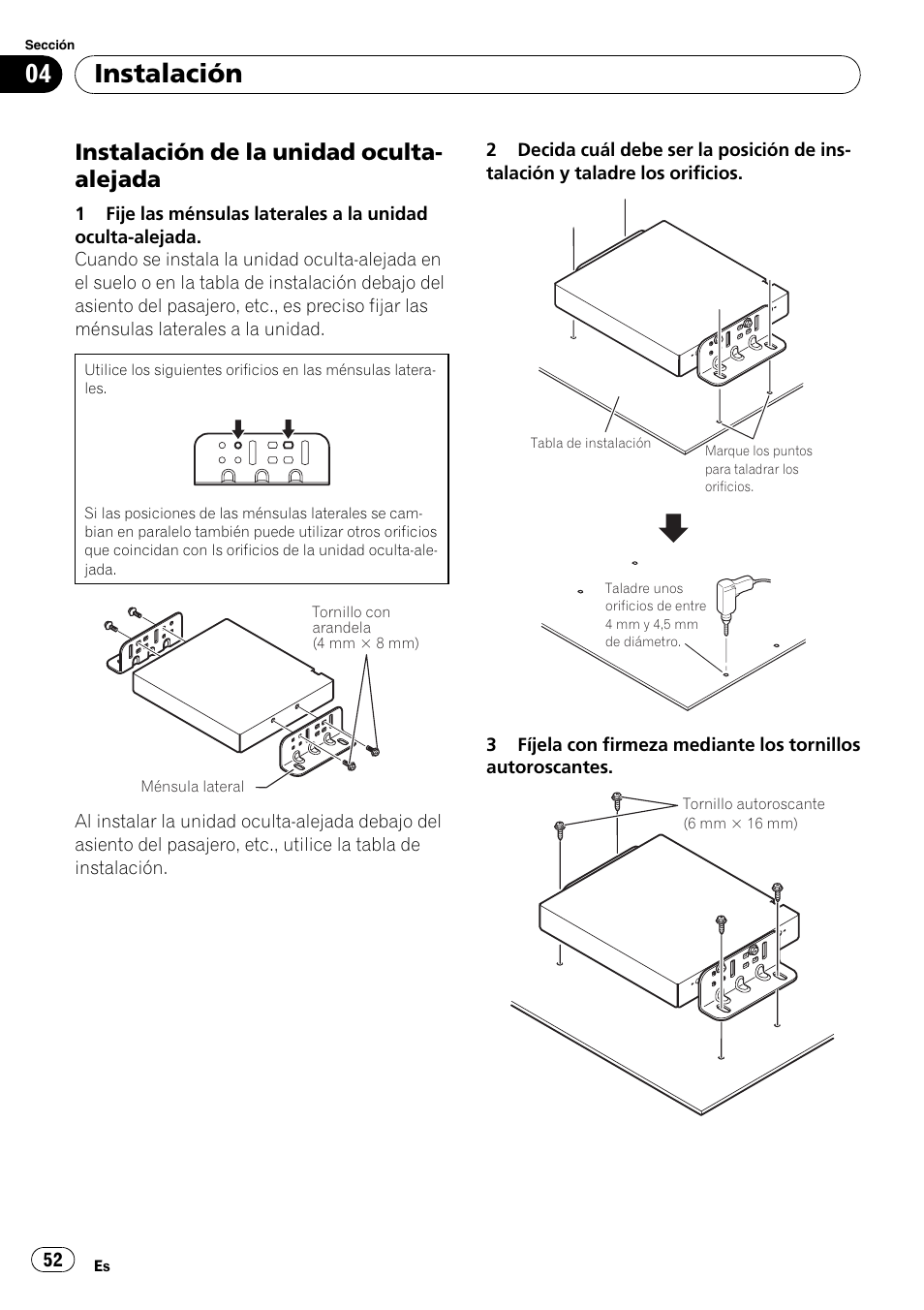Instalación de la unidad oculta, Alejada, Instalación | Instalación de la unidad oculta- alejada | Pioneer AVIC-X3-II User Manual | Page 52 / 179