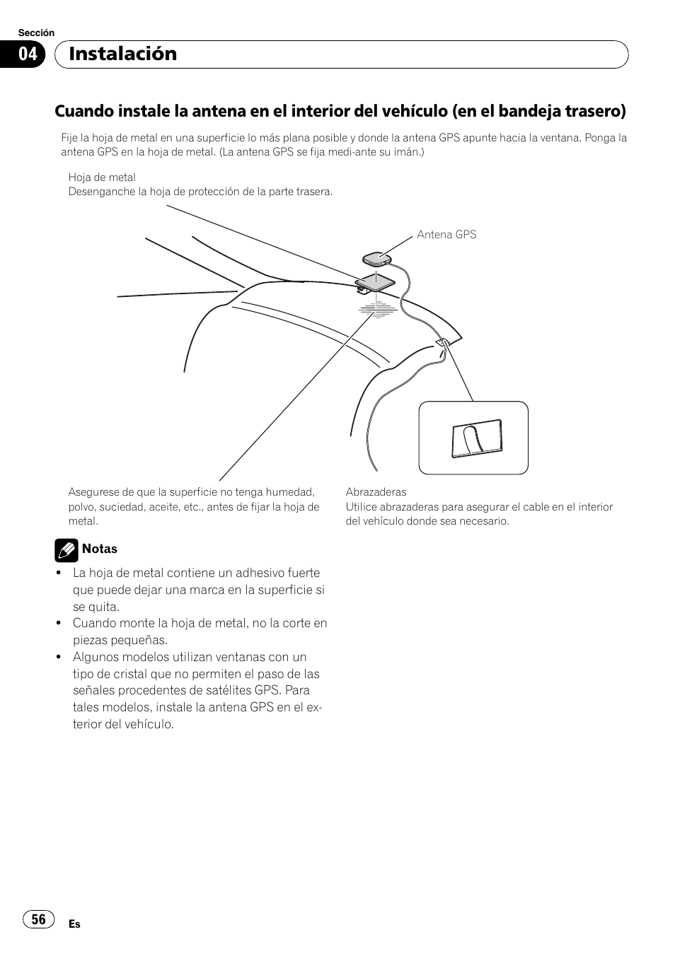 Cuando instale la antena en el interior, Del vehículo (en el bandeja trasero), Instalación | Pioneer AVIC-X3-II User Manual | Page 56 / 179