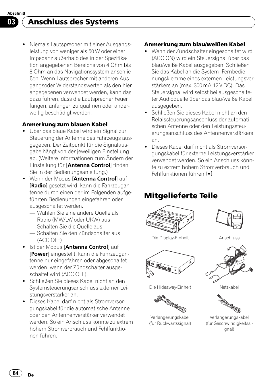 Mitgelieferte teile, Anschluss des systems | Pioneer AVIC-X3-II User Manual | Page 64 / 179