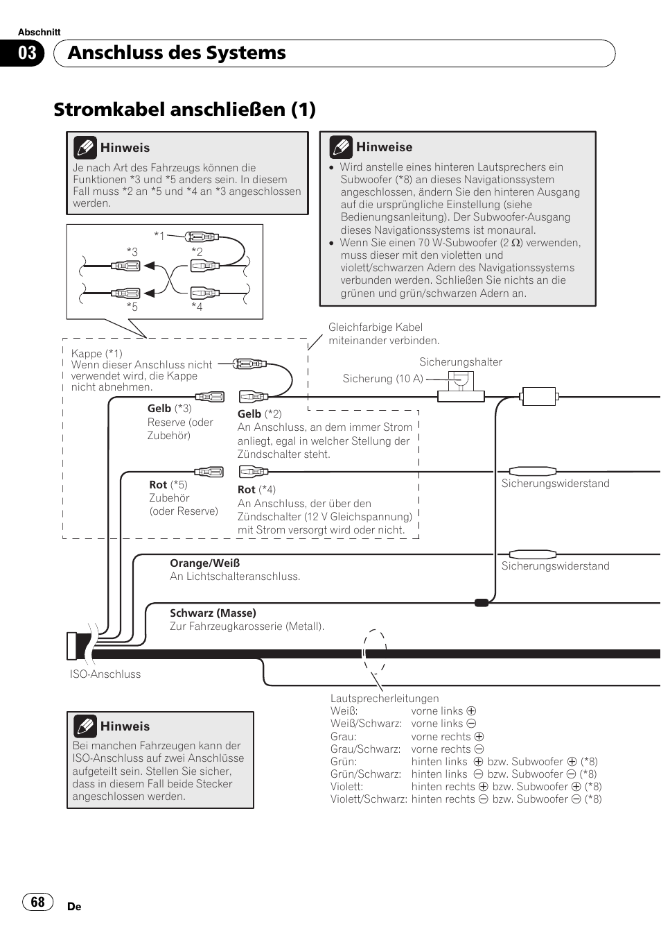 Stromkabel anschließen (1), Anschluss des systems | Pioneer AVIC-X3-II User Manual | Page 68 / 179