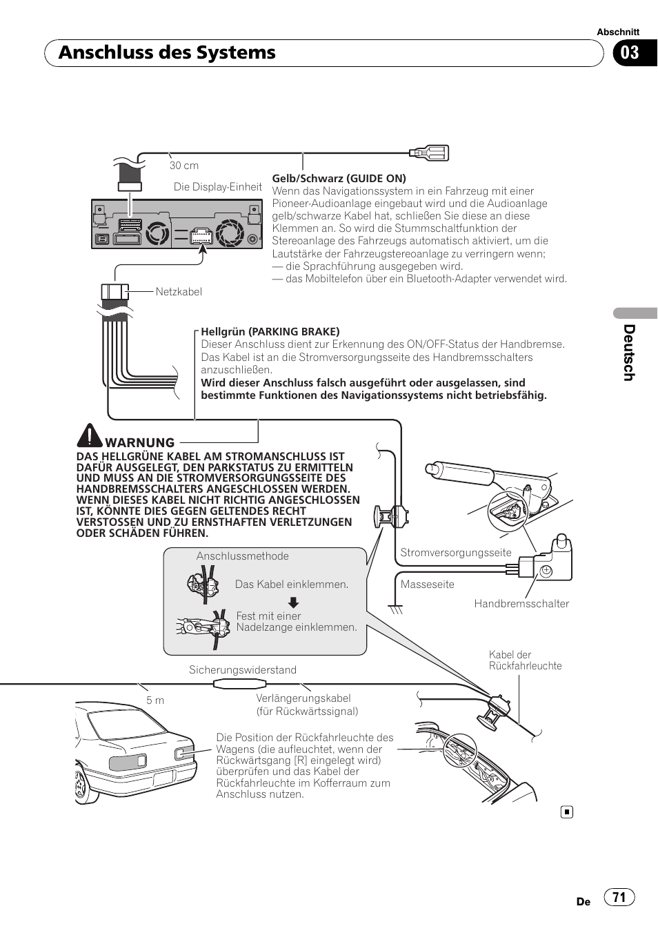 Anschluss des systems, Deutsch | Pioneer AVIC-X3-II User Manual | Page 71 / 179