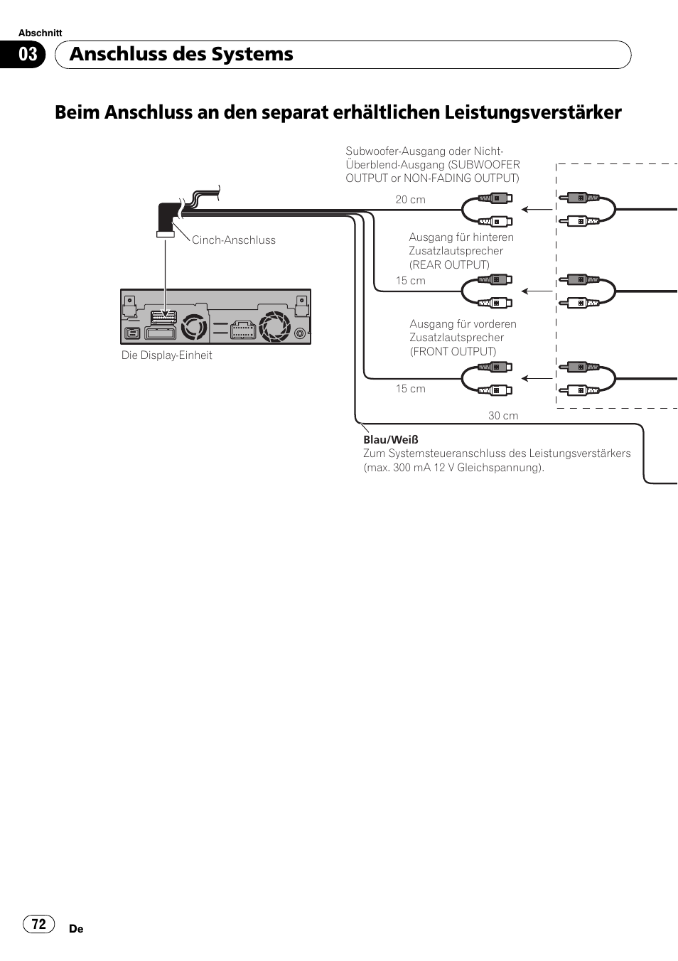 Beim anschluss an den separat erhältlichen, Leistungsverstärker, Anschluss des systems | Pioneer AVIC-X3-II User Manual | Page 72 / 179
