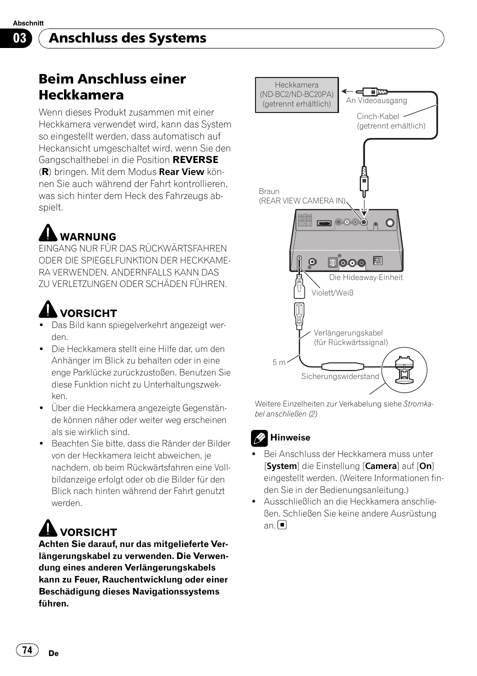 Beim anschluss einer heckkamera, Anschluss des systems | Pioneer AVIC-X3-II User Manual | Page 74 / 179