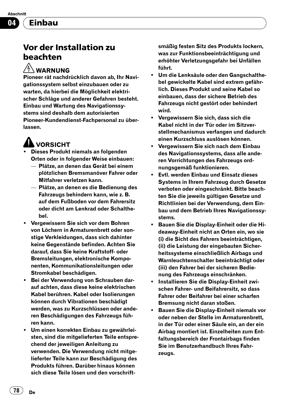 Einbau vor der installation zu beachten, Vor der installation zu beachten, Einbau | Pioneer AVIC-X3-II User Manual | Page 78 / 179
