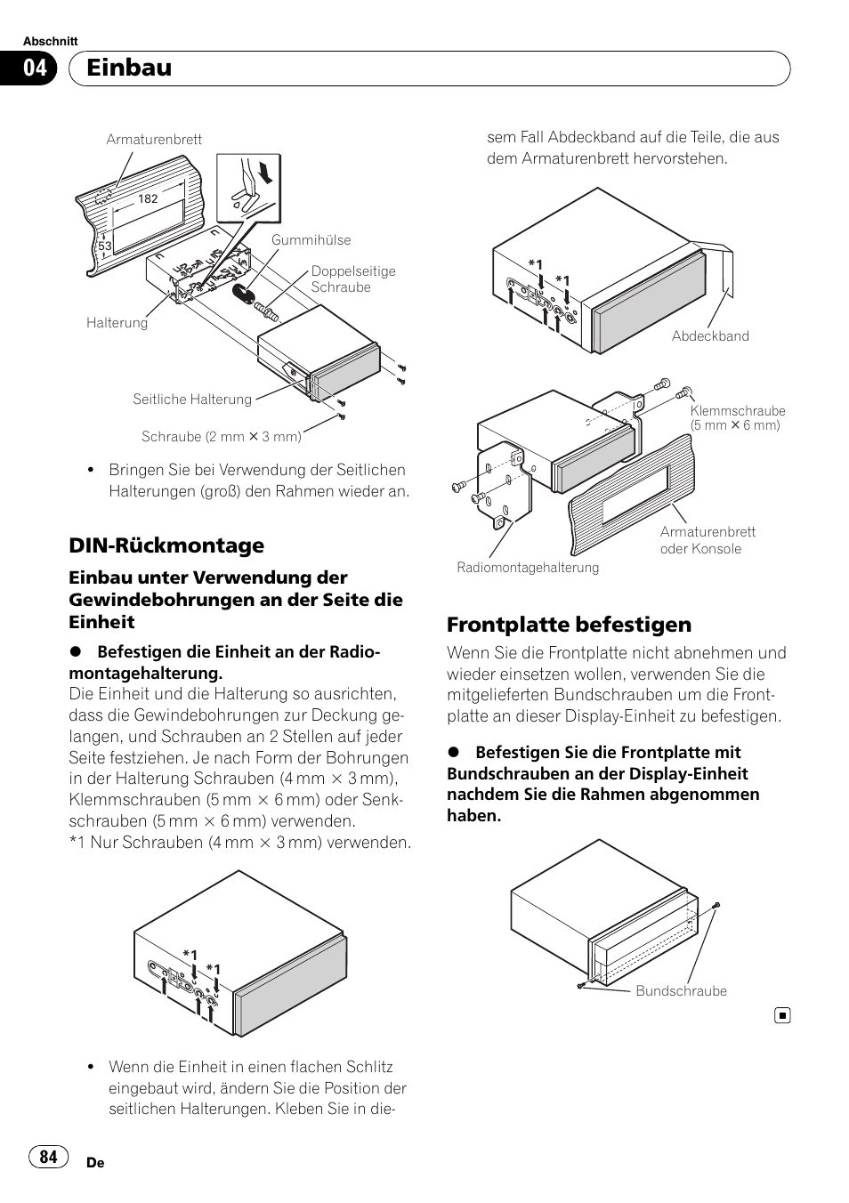Din-rückmontage 84, Frontplatte befestigen 84, Einbau | Din-rückmontage, Frontplatte befestigen | Pioneer AVIC-X3-II User Manual | Page 84 / 179