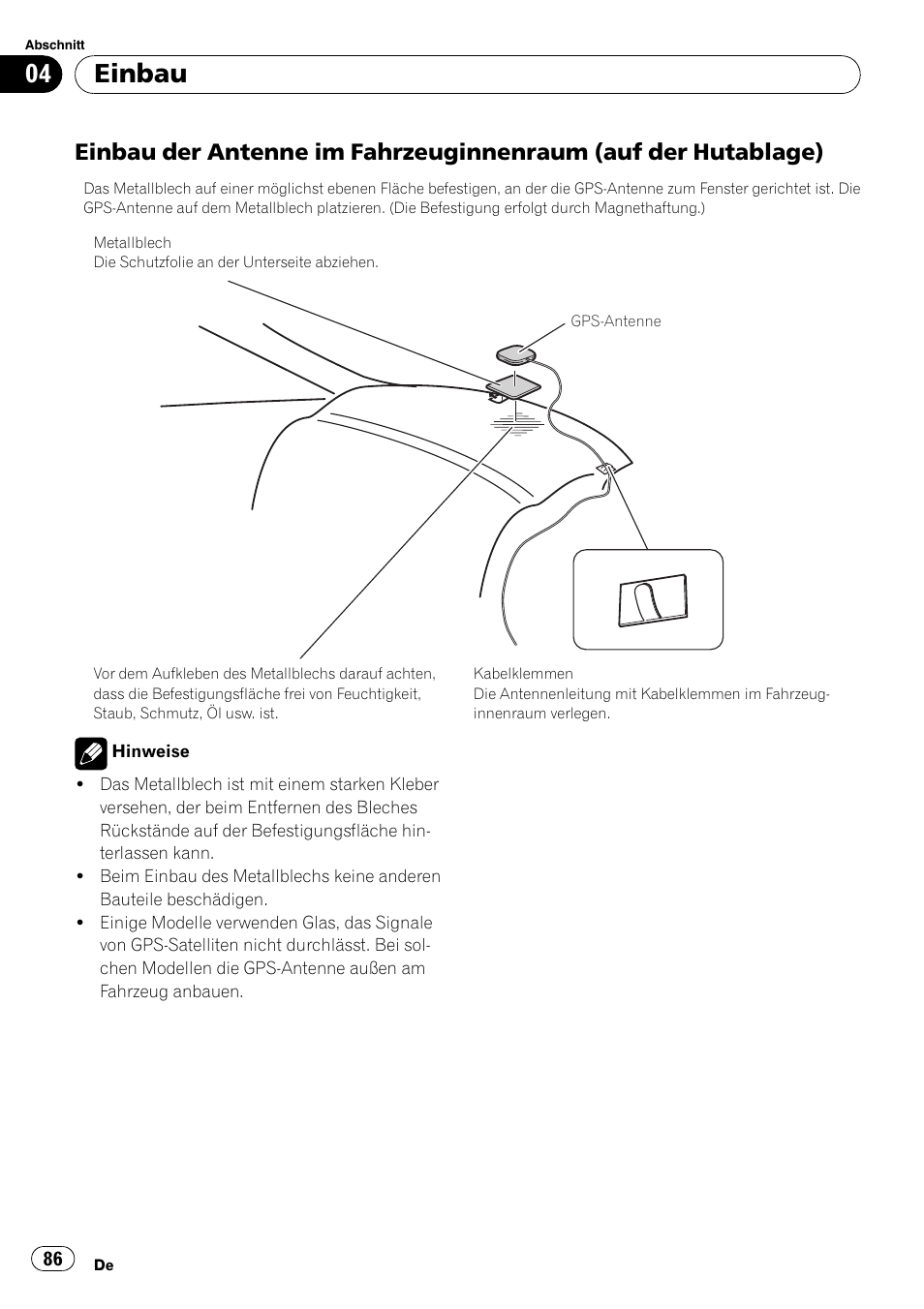 Einbau der antenne im, Fahrzeuginnenraum (auf der hutablage), Einbau | Pioneer AVIC-X3-II User Manual | Page 86 / 179