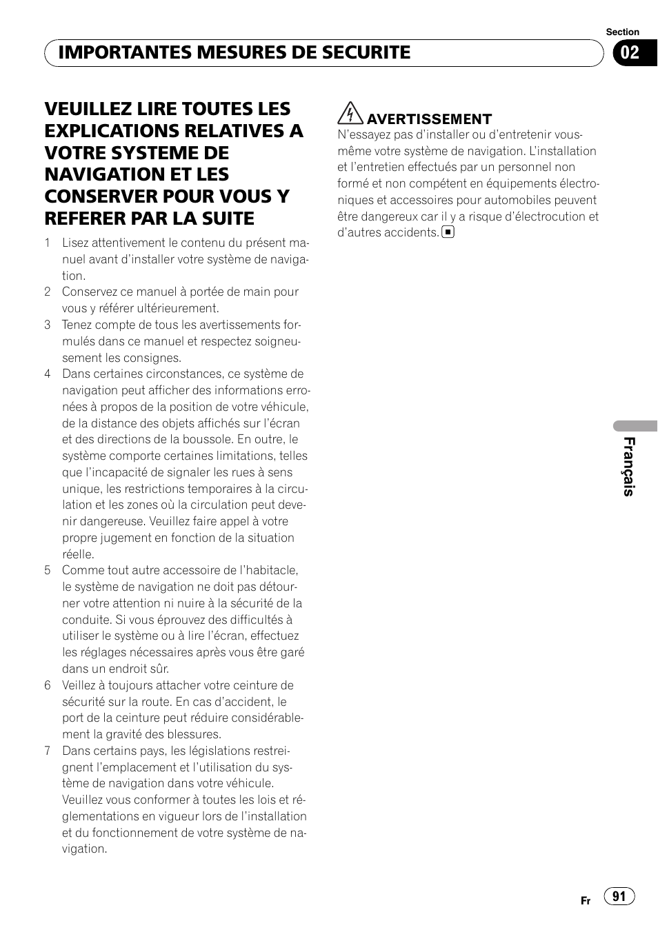 Importantes mesures de securite | Pioneer AVIC-X3-II User Manual | Page 91 / 179