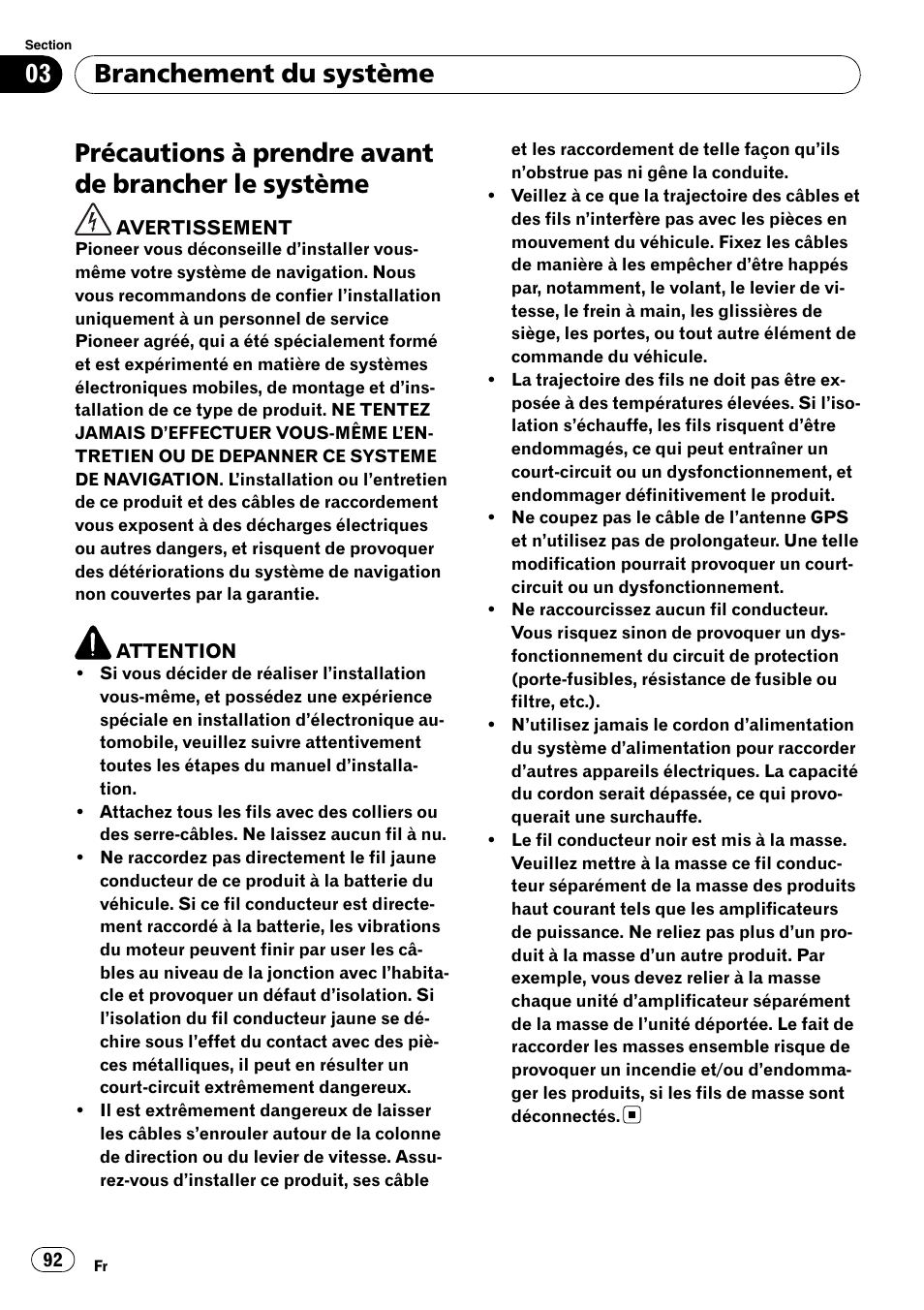 Système, Précautions à prendre avant de brancher le système, Branchement du système | Pioneer AVIC-X3-II User Manual | Page 92 / 179