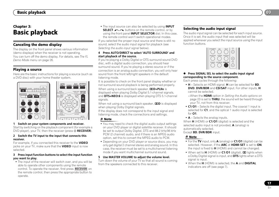 03 basic playback, Canceling the demo display, Playing a source | Selecting the audio input signal, Basic playback, Chapter 3 | Pioneer HTP-071 User Manual | Page 17 / 31