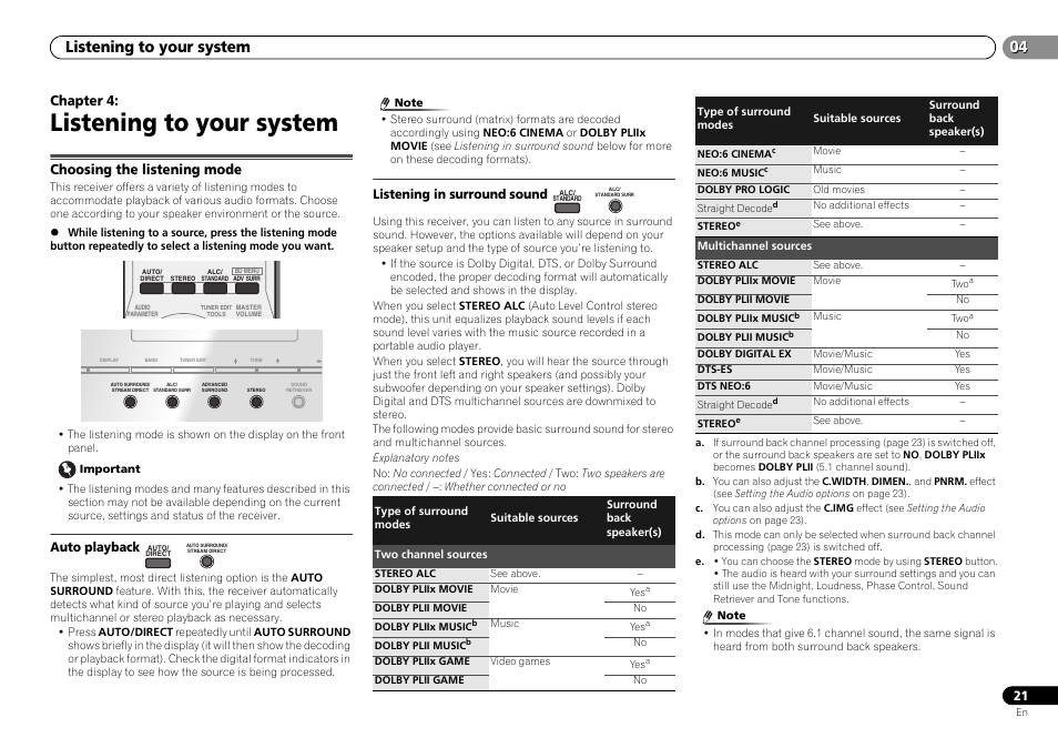 04 listening to your system, Choosing the listening mode, Auto playback | Listening in surround sound, Listening to your system | Pioneer HTP-071 User Manual | Page 21 / 31