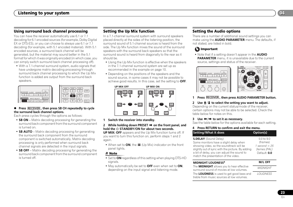 Using surround back channel processing, Setting the up mix function, Setting the audio options | Listening to your system | Pioneer HTP-071 User Manual | Page 23 / 31