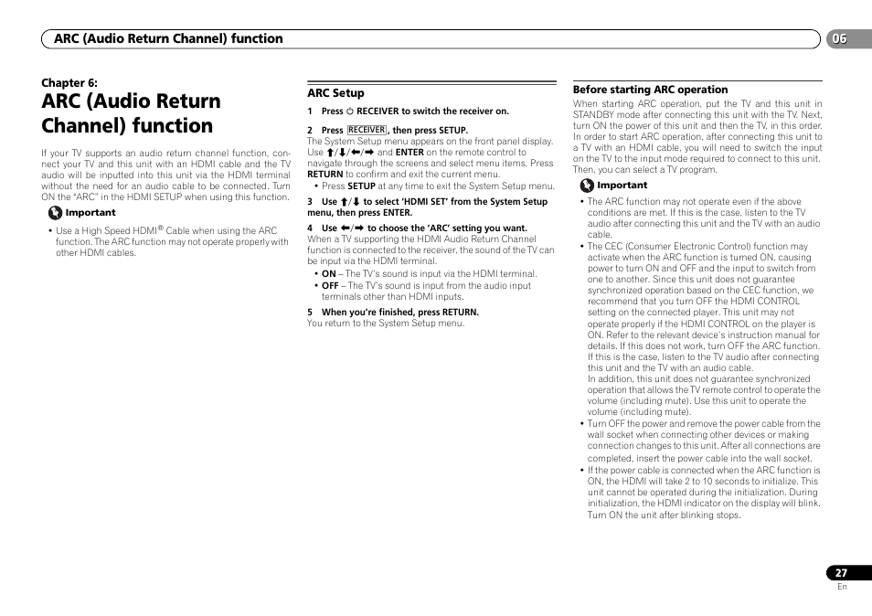 06 arc (audio return channel) function, Arc setup, Before starting arc operation | Arc (audio return channel) function | Pioneer HTP-071 User Manual | Page 27 / 31