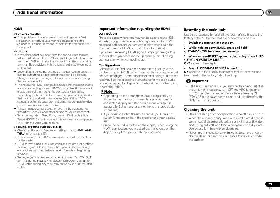 Hdmi, Important information regarding the hdmi, Connection | Resetting the main unit, Cleaning the unit, Additional information | Pioneer HTP-071 User Manual | Page 29 / 31