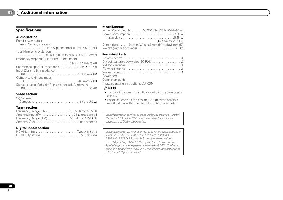 Specifications, Additional information | Pioneer HTP-071 User Manual | Page 30 / 31