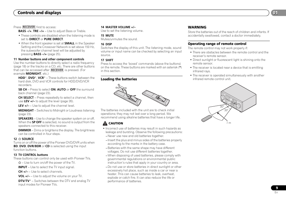 Loading the batteries, Operating range of remote control, 01 controls and displays | Pioneer HTP-071 User Manual | Page 9 / 31