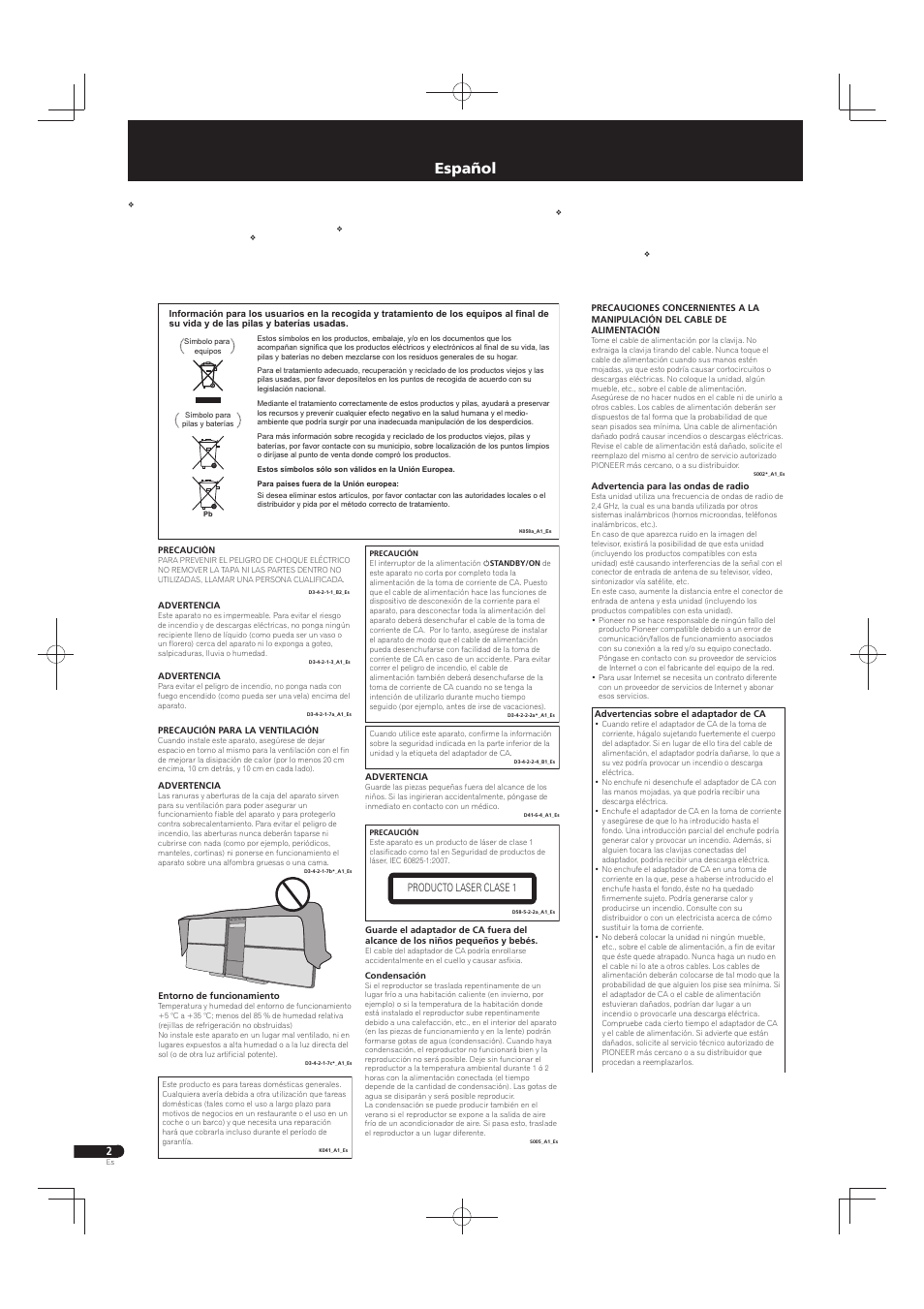 Sistema micro slim, Español, Producto laser clase 1 | Pioneer X-SMC55-S User Manual | Page 10 / 32
