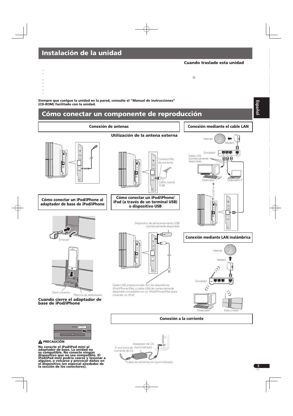 Utilización de la antena externa, Cuando cierre el adaptador de base de ipod/iphone, Cuando traslade esta unidad | Pioneer X-SMC55-S User Manual | Page 11 / 32