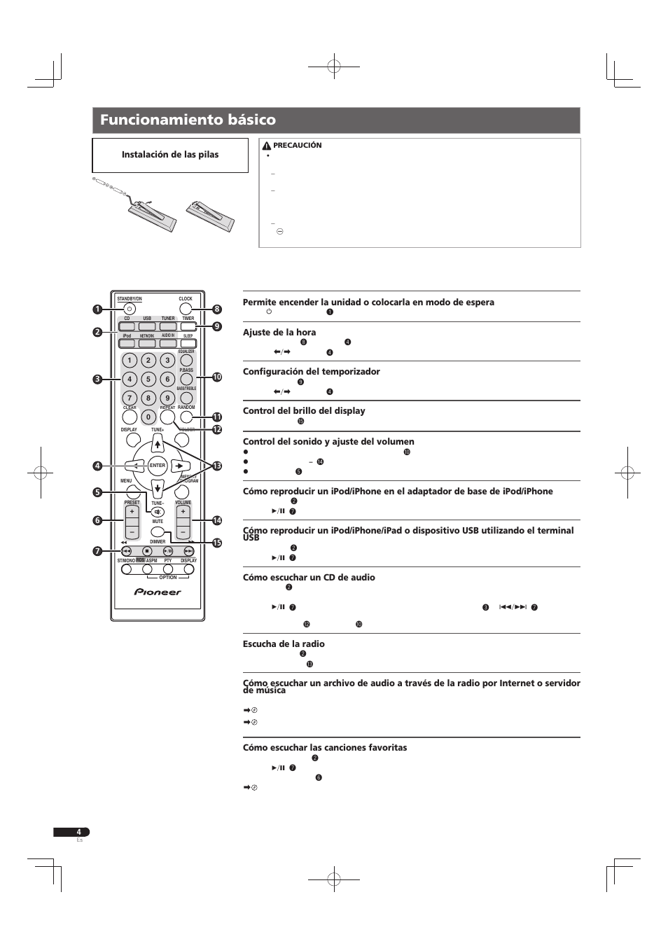 Funcionamiento básico, Ajuste de la hora, Confi guración del temporizador | Control del brillo del display, Control del sonido y ajuste del volumen, Cómo escuchar un cd de audio, Escucha de la radio, Cómo escuchar las canciones favoritas, Instalación de las pilas | Pioneer X-SMC55-S User Manual | Page 12 / 32