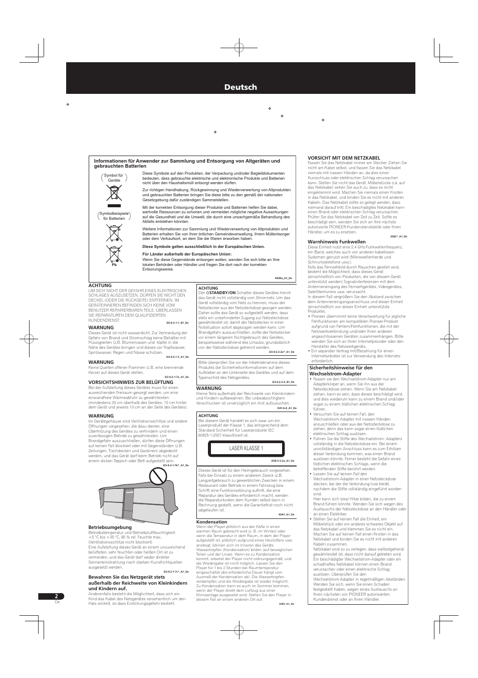 Slim-mikrosystem, Deutsch, Laser klasse 1 | Pioneer X-SMC55-S User Manual | Page 14 / 32