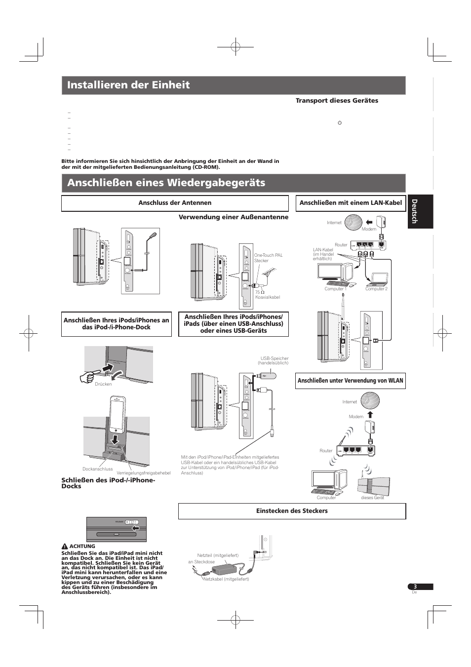 Verwendung einer außenantenne, Schließen des ipod-/-iphone- docks, Transport dieses gerätes | Pioneer X-SMC55-S User Manual | Page 15 / 32