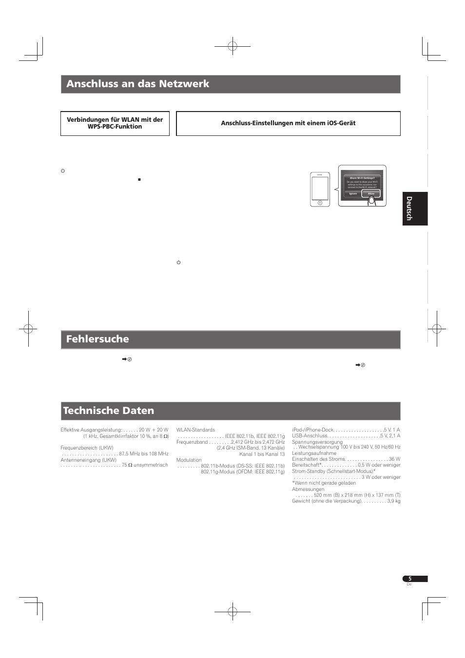 Anschluss an das netzwerk fehlersuche, Technische daten | Pioneer X-SMC55-S User Manual | Page 17 / 32